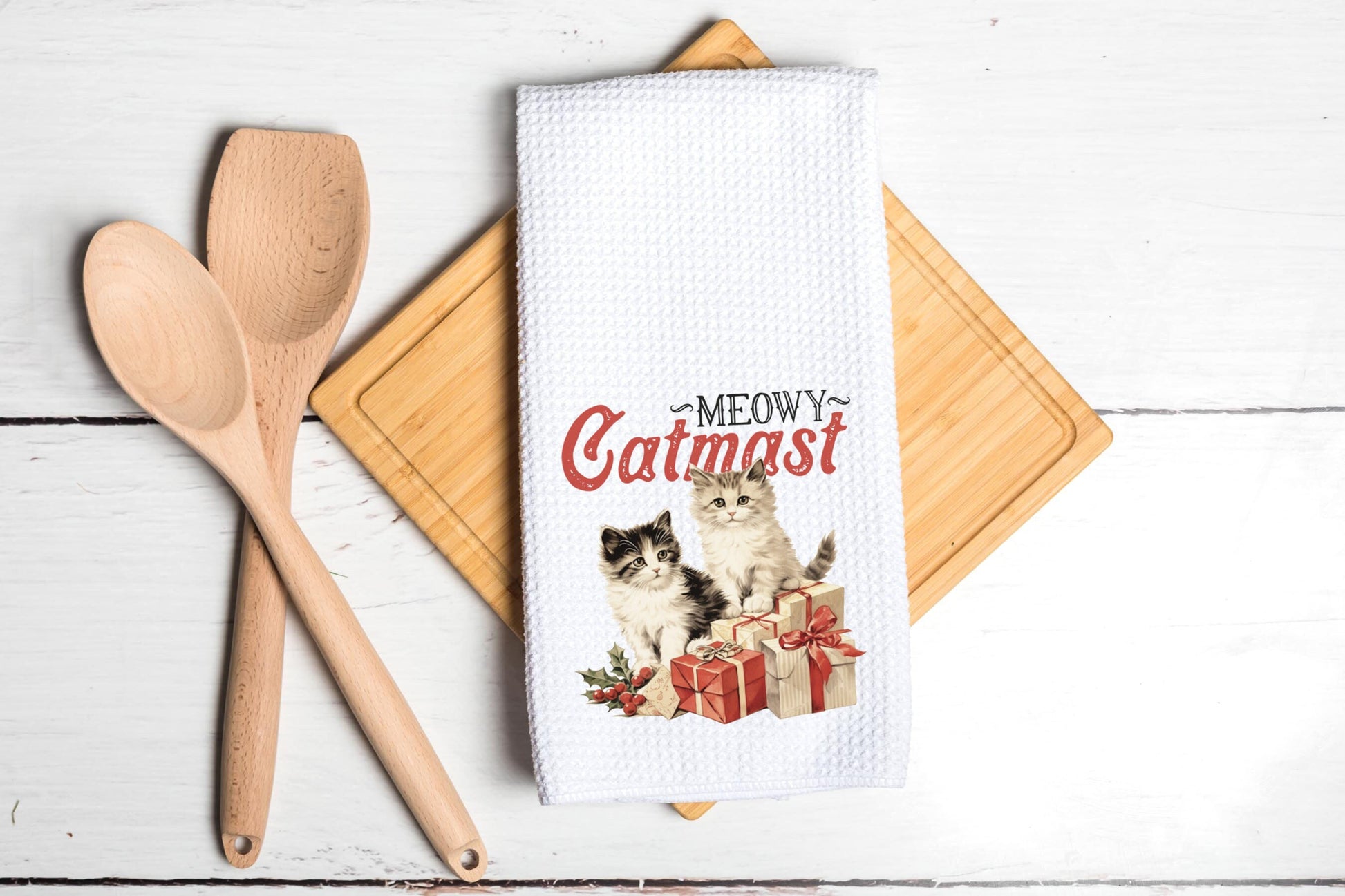 Meowy Christmas Dish Towel - White