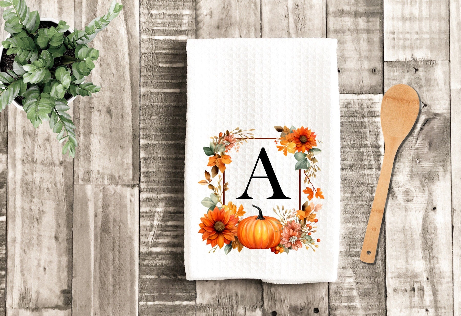 Monogram Fall Pumpkin Frame Dish Towel - Fall Decor Thanksgiving Tea Towel Kitchen Decor - New Home Gift Farm Decorations house Towel