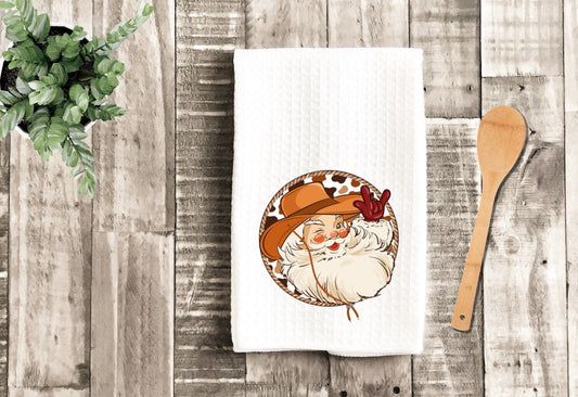 Cowboy Santa Claus Tea Dish Towel - Western Christmas Santa Claus Tea Towel Kitchen Décor - Farm Decorations house Towel