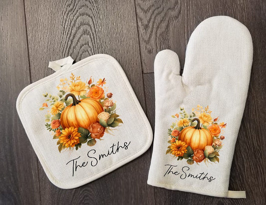 Personalized Fall Pumpkin Sunflowers Oven Mitt & Pot Holder Set, Thanksgiving Gift Set Oven Mitts, Gifts for Mom