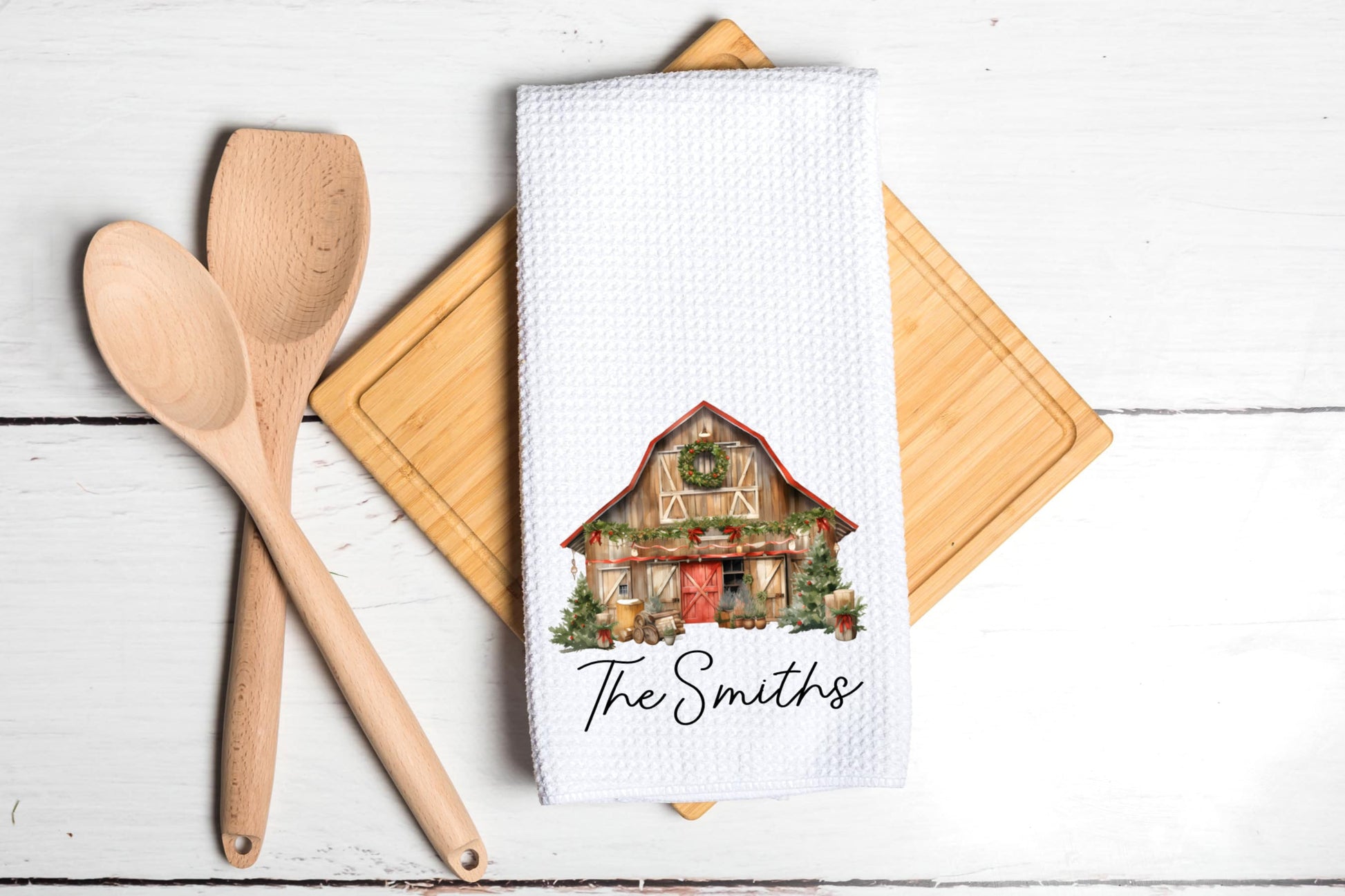 Personalized Dish Towel - Watercolor Christmas Rustic Barn Tea Towel Kitchen - New Home Gift, Housewarming house Decor Towel