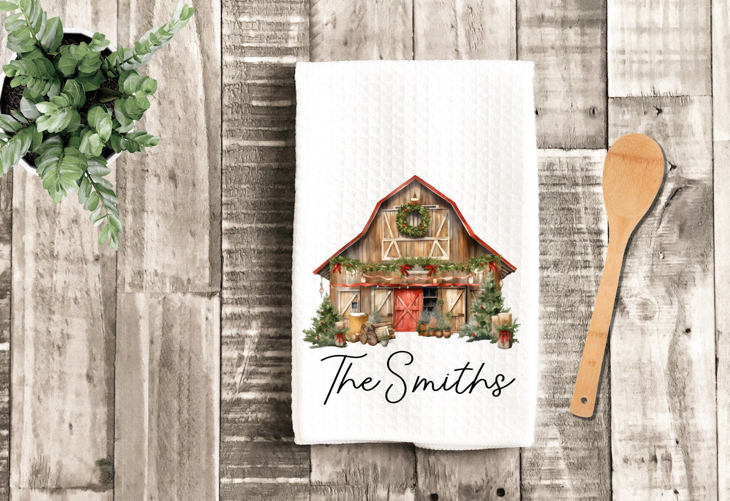 Personalized Dish Towel - Watercolor Christmas Rustic Barn Tea Towel Kitchen - New Home Gift, Housewarming house Decor Towel