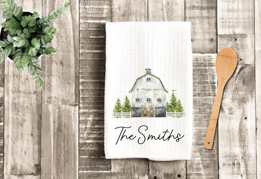 Personalized Dish Towel - Christmas White Rustic Barn Tea Towel Kitchen - New Home Gift, Housewarming Farm Decorations house Decor Towel