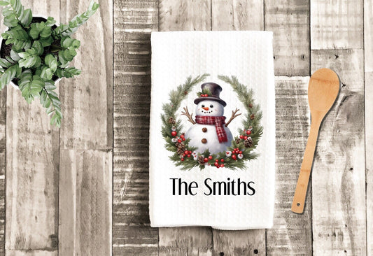 Personalized Christmas Snowman Wreath Tea Dish Towel - Christmas Towel Kitchen Décor - Housewarming Farm Decorations house Towel