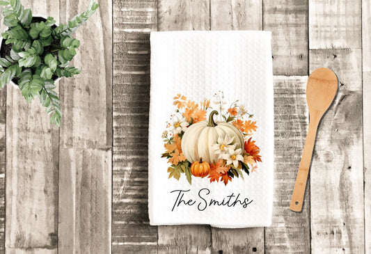 Personalized White Fall Pumpkin Dish Towel - Fall Decor Thanksgiving Tea Towel Kitchen Decor - New Home Gift Farm Decorations house Towel