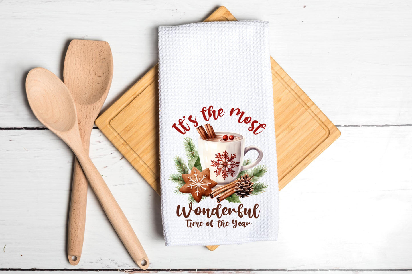 Most Wonderful Time Hot Chocolate Christmas Tea Dish Towel - Winter Tea Towel Kitchen Décor - Housewarming Farm Decorations house Towel