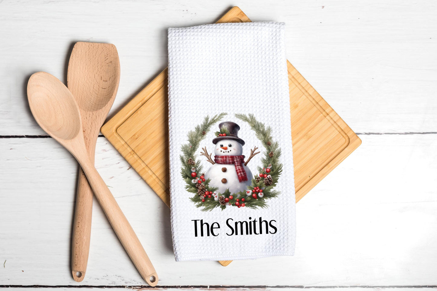 Personalized Christmas Snowman Wreath Tea Dish Towel - Christmas Towel Kitchen Décor - Housewarming Farm Decorations house Towel