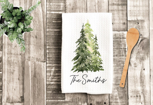 Personalized Christmas Watercolor Trees Merry Christmas Tea Dish Towel - Tea Towel Kitchen Décor - Housewarming Farm Decoration Towel