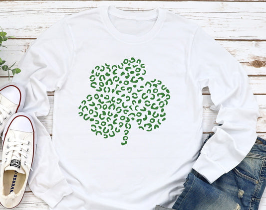 St Patrick's Day Leopard Print Clover Shamrock Irish Adult Kids Toddler Tee Long or Short Sleeve Shirt