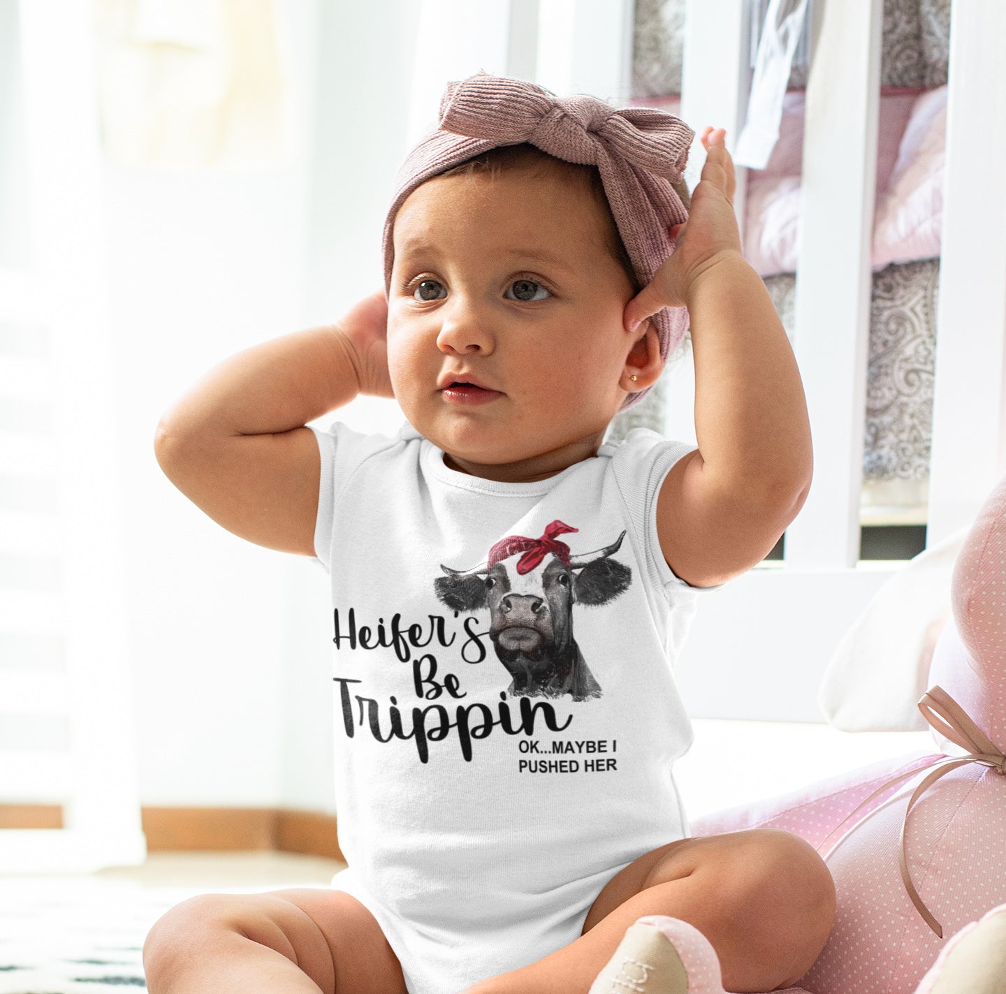 Heifers Be Trippin, Okay Maybe I Pushed Her, Funny Cow Tripping Farm Adult Kids Toddler Baby Shirt