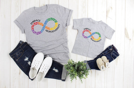 Autism Rainbow Infinity Symbol Accept Embrace Celebrate Autism and Neurodiversity Acceptance Adult Kids Toddler Baby Shirt