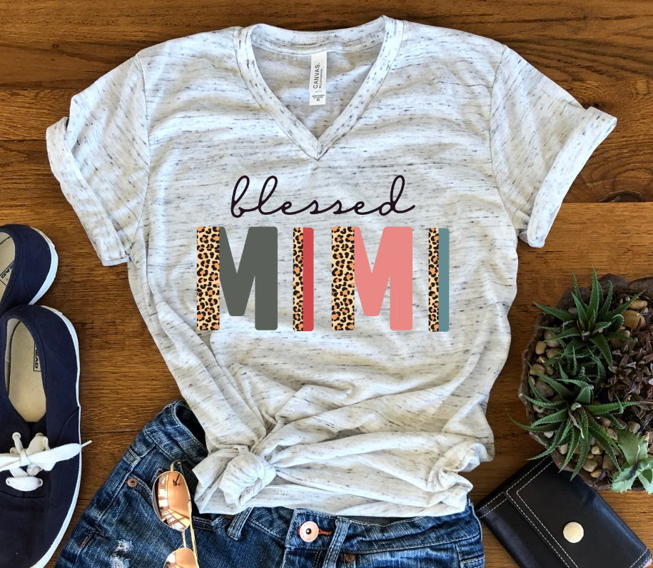 Blessed Mimi Leopard Print Heart Mother Grandma Unisex V Neck T-Shirt