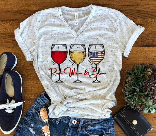 Red Wine Blue America USA 4th of July Funny Unisex V Neck T-Shirt