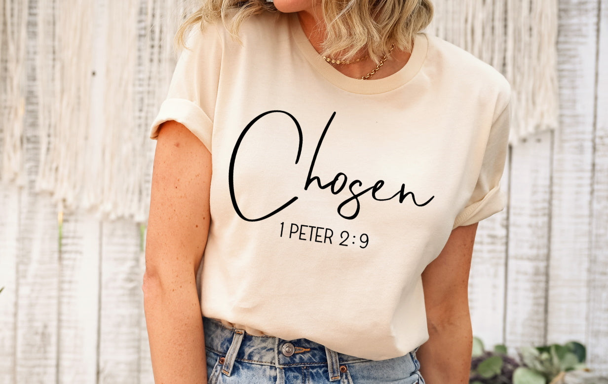 Chosen 1 Peter 2:9 Script, Faith Shirt, Jesus Love, Christian Gift Unisex Tee Novelty T-Shirt