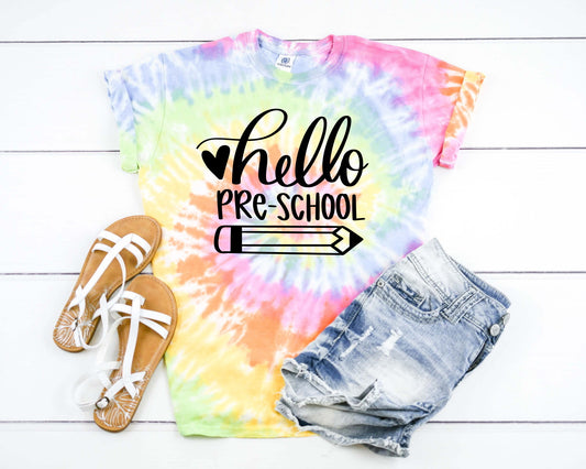 Hello Pre school Pre-K Back To School Teacher Tie Dye Shirt