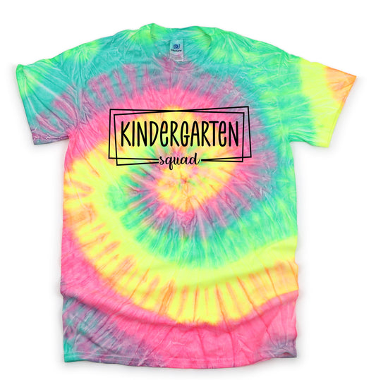 Kindergarten Squad Box, Minty Rainbow Teacher Shirt Tie Dye Graphic Tee T-Shirt