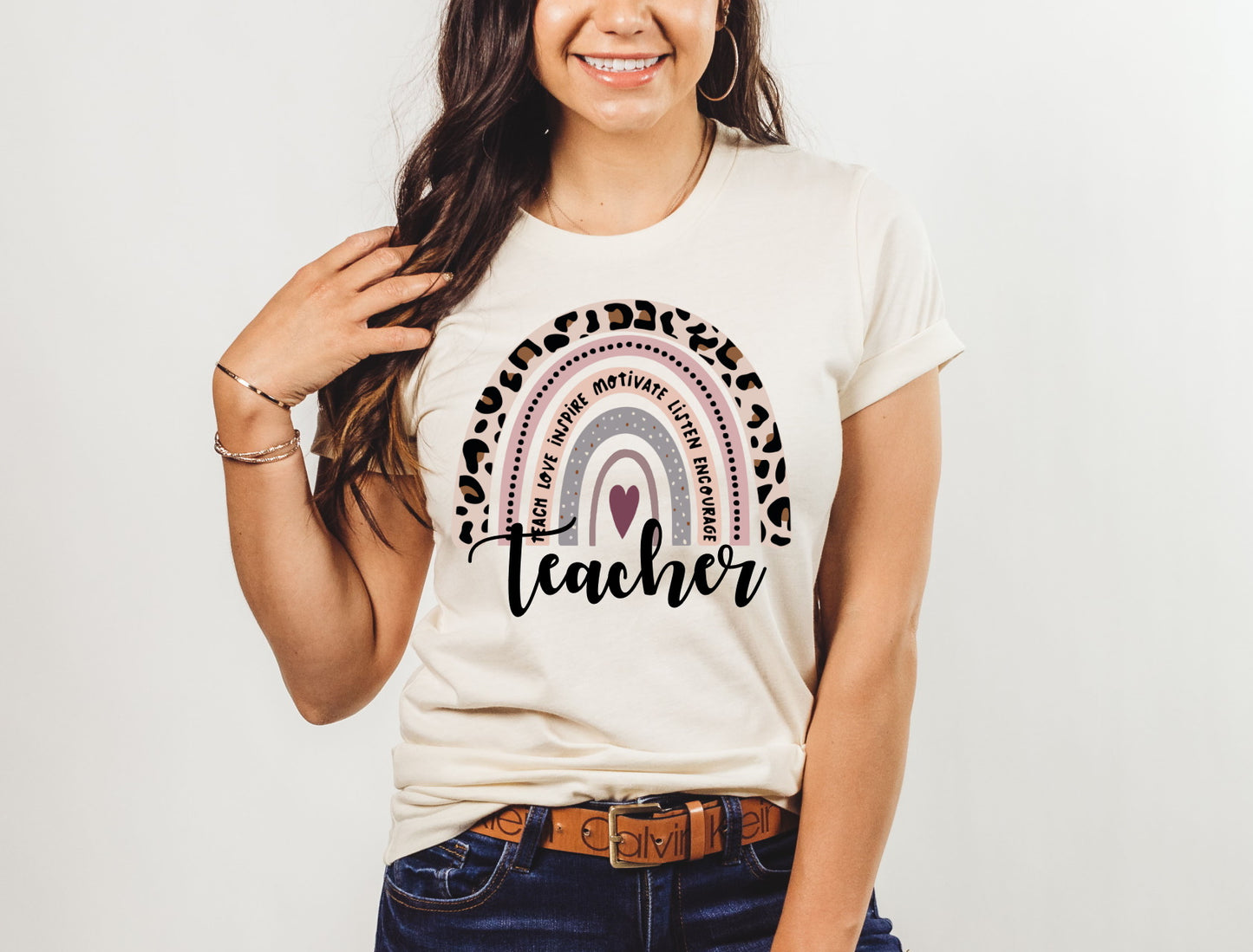 Leopard Rainbow Teacher Shirt, Teacher Sayings, Positive Message, Inspirational Teaching Teacher Novelty T-Shirt