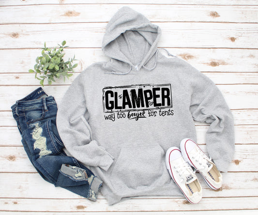 Glamper, Camping, RV Camp Grey Long Sleeve Hooded Sweatshirt Gray Hoodie Shirt Sweater