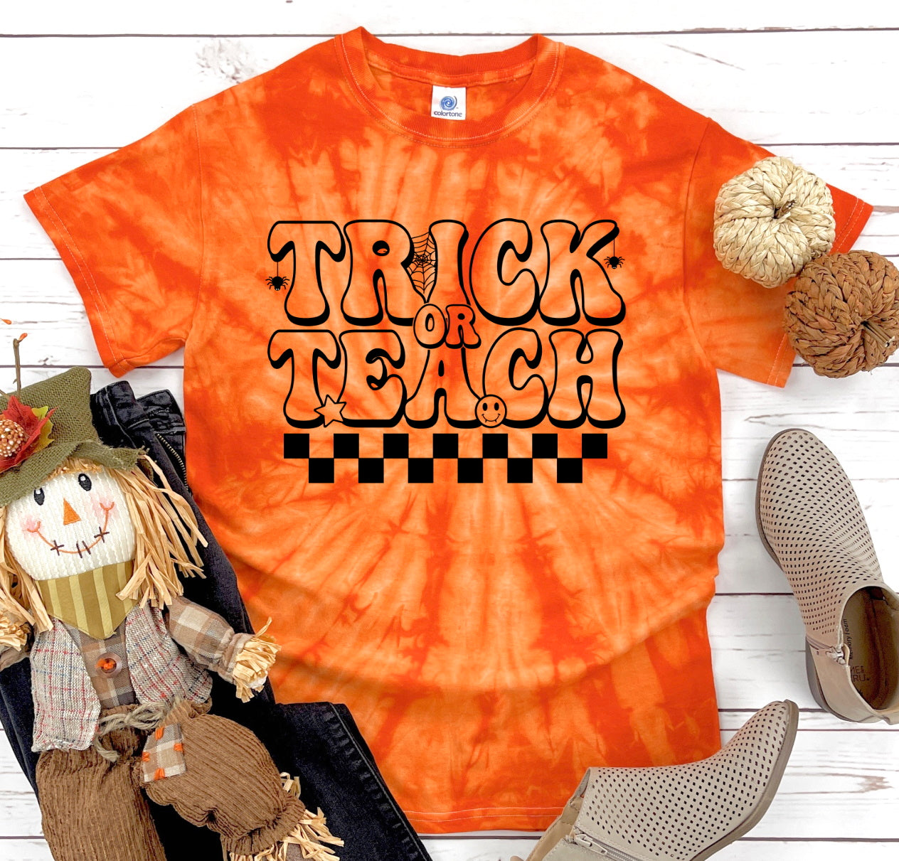 Trick Or Teach Teacher Retro Halloween Shirt Tie Dye Graphic Tee T-Shirt