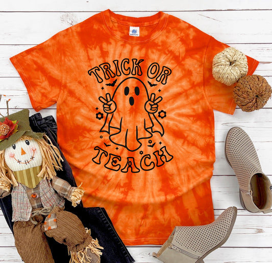 Trick Or Teach Teacher Ghost Halloween Shirt Tie Dye Graphic Tee T-Shirt